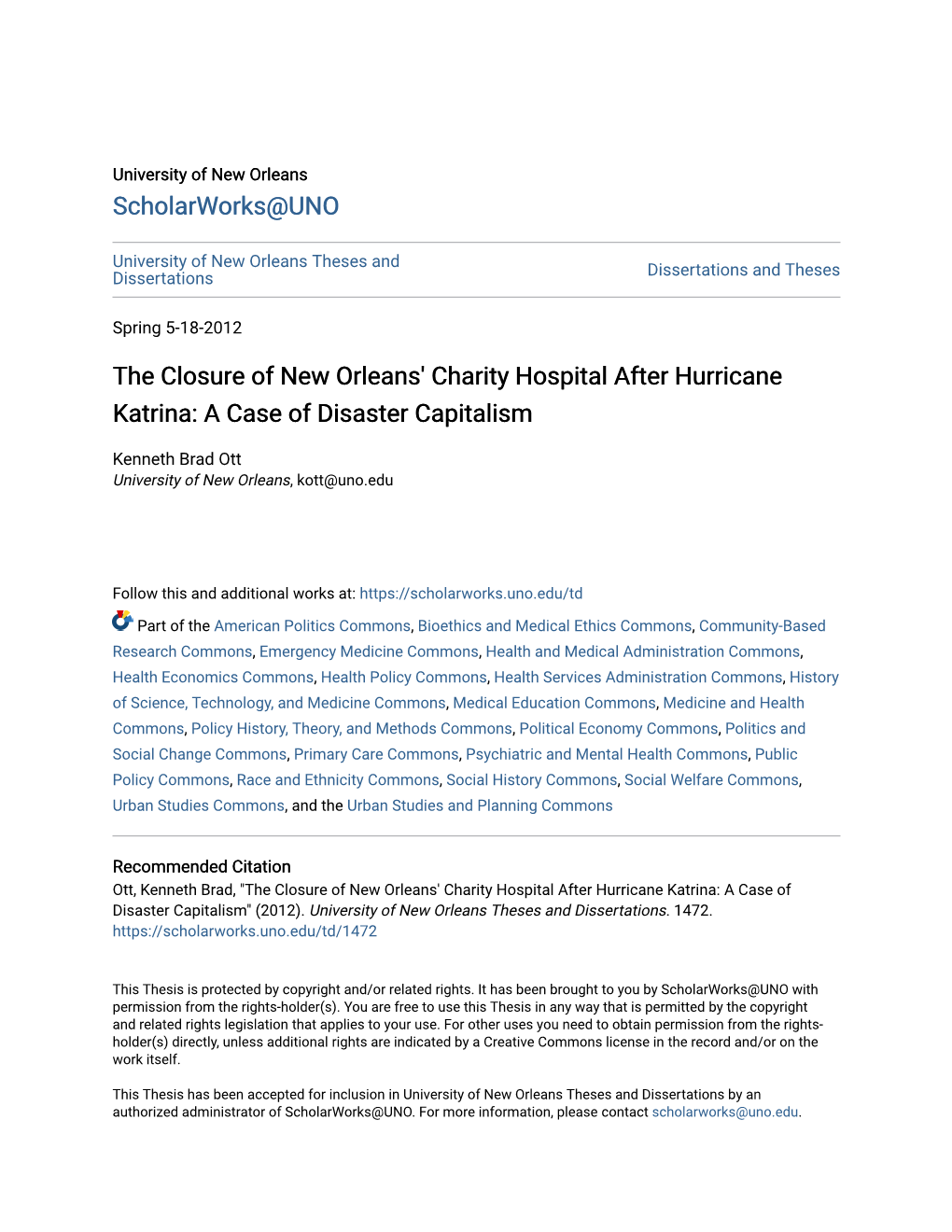 The Closure of New Orleans' Charity Hospital After Hurricane Katrina: a Case of Disaster Capitalism