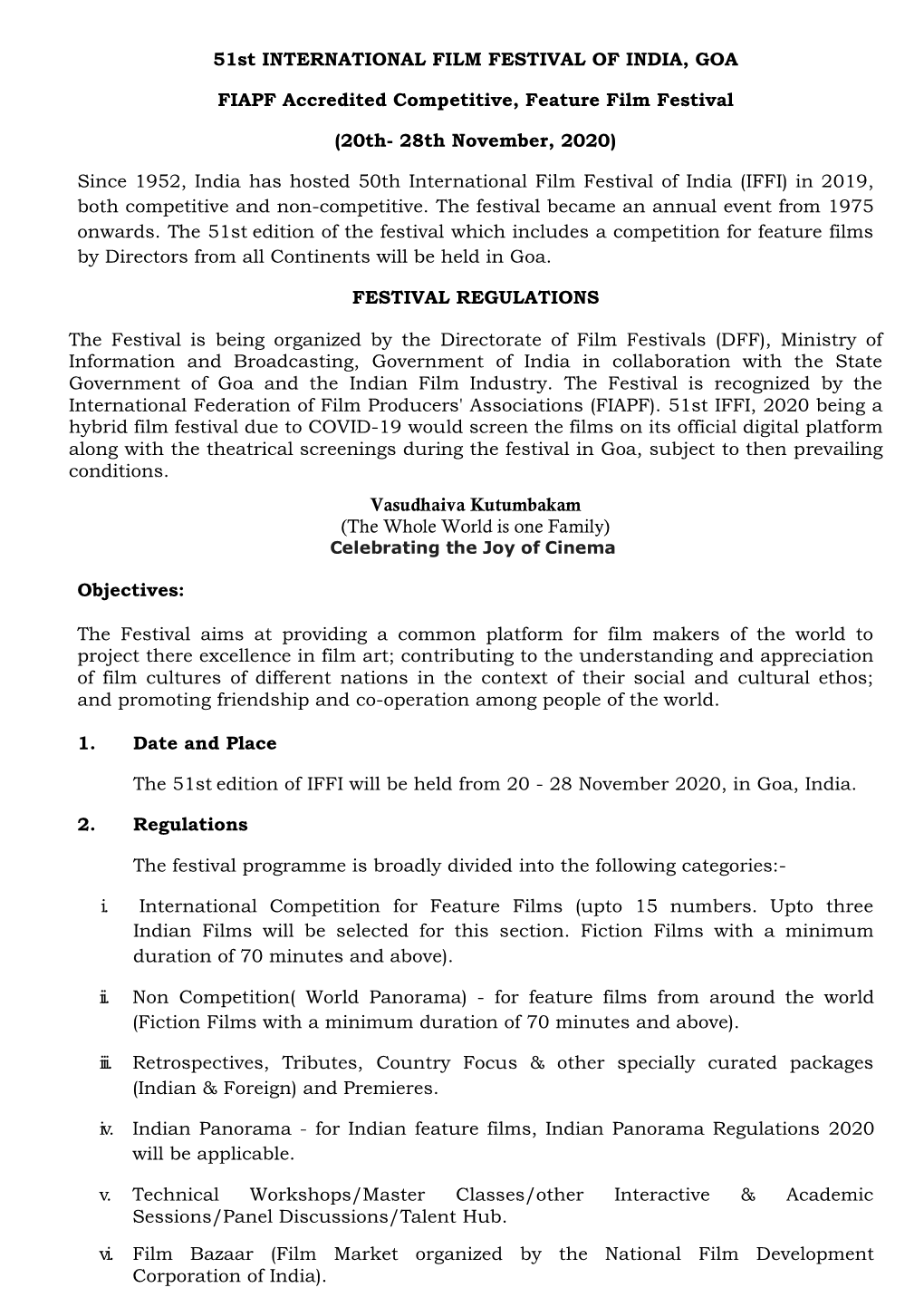 Regulations 0F 51St International Film Festival of India,2020(Hybrid Film Festival)