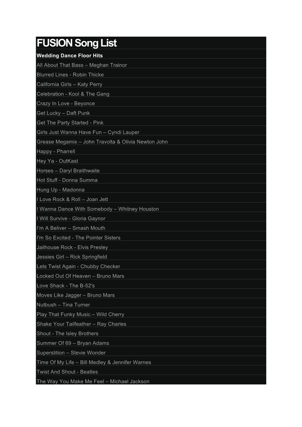 FUSION Song List