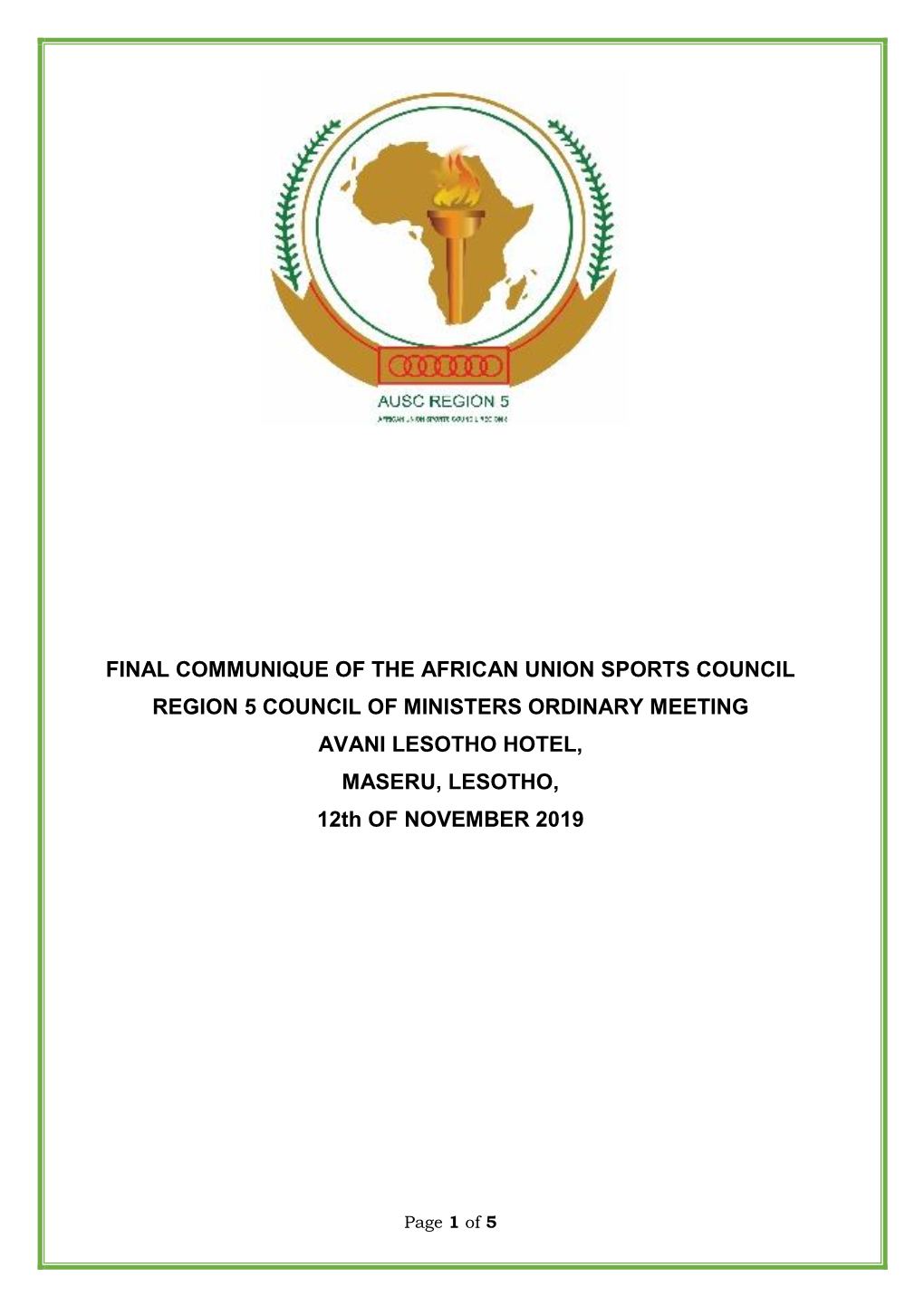 FINAL COMMUNIQUE of the AFRICAN UNION SPORTS COUNCIL REGION 5 COUNCIL of MINISTERS ORDINARY MEETING AVANI LESOTHO HOTEL, MASERU, LESOTHO, 12Th of NOVEMBER 2019