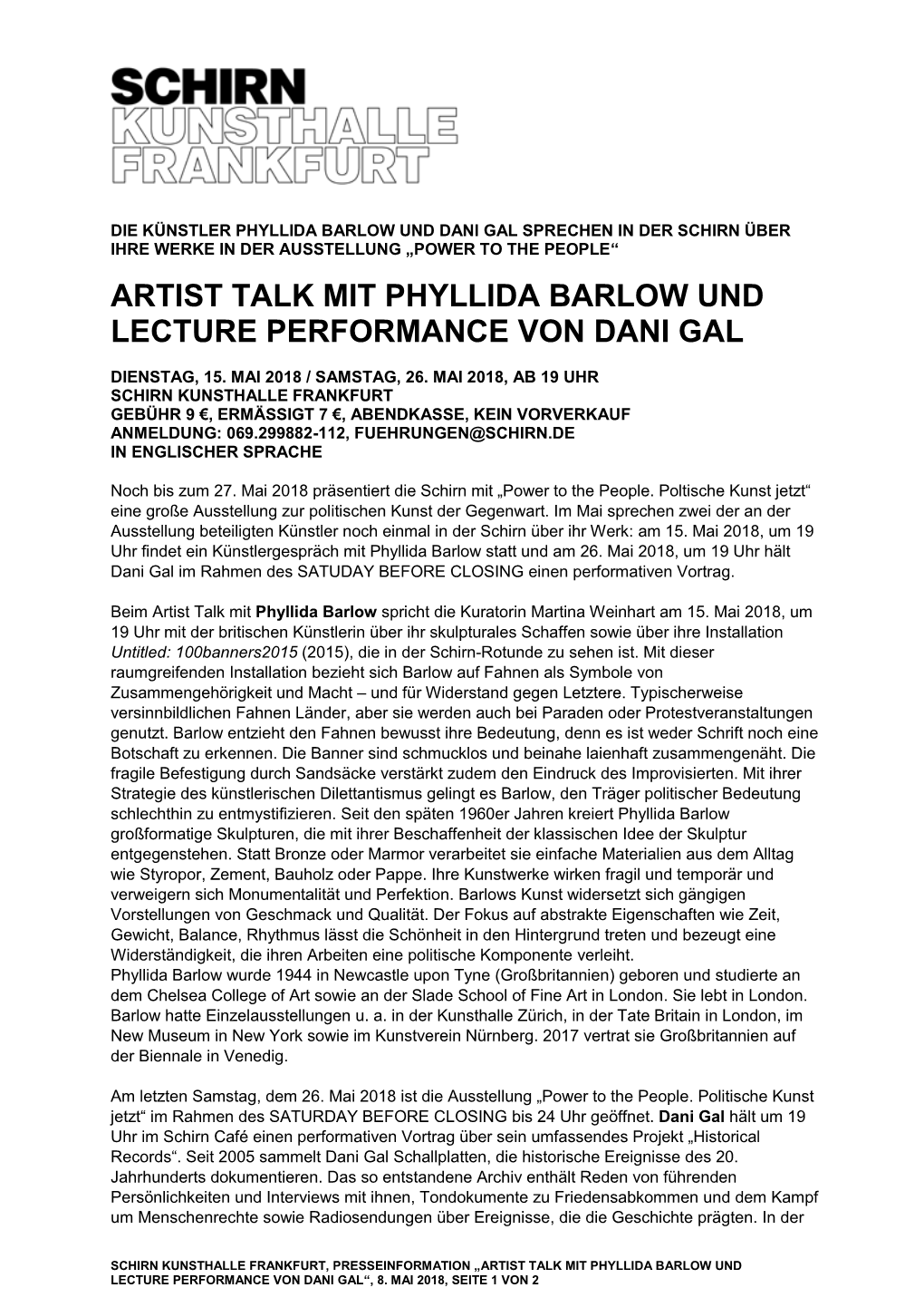 Artist Talk Mit Phyllida Barlow Und Lecture Performance Von Dani Gal