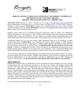 “Mgm Direct to Borgata” Air Service on Sun Country Airlines from St. Pete-Clearwater Int'l Airport