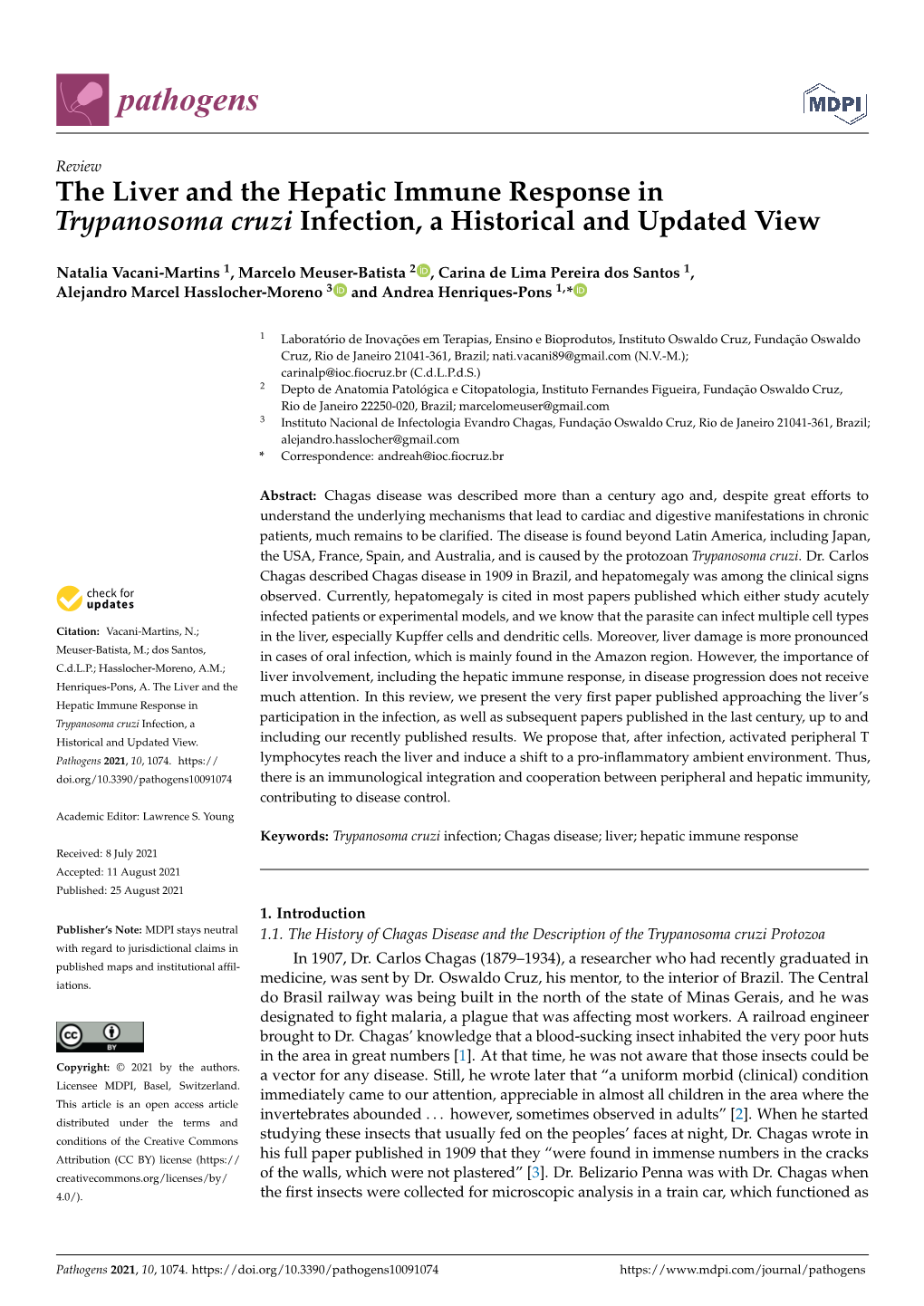 The Liver and the Hepatic Immune Response in Trypanosoma Cruzi Infection, a Historical and Updated View