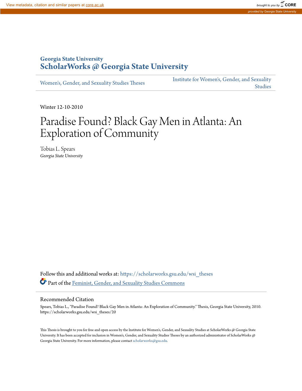 Black Gay Men in Atlanta: an Exploration of Community Tobias L