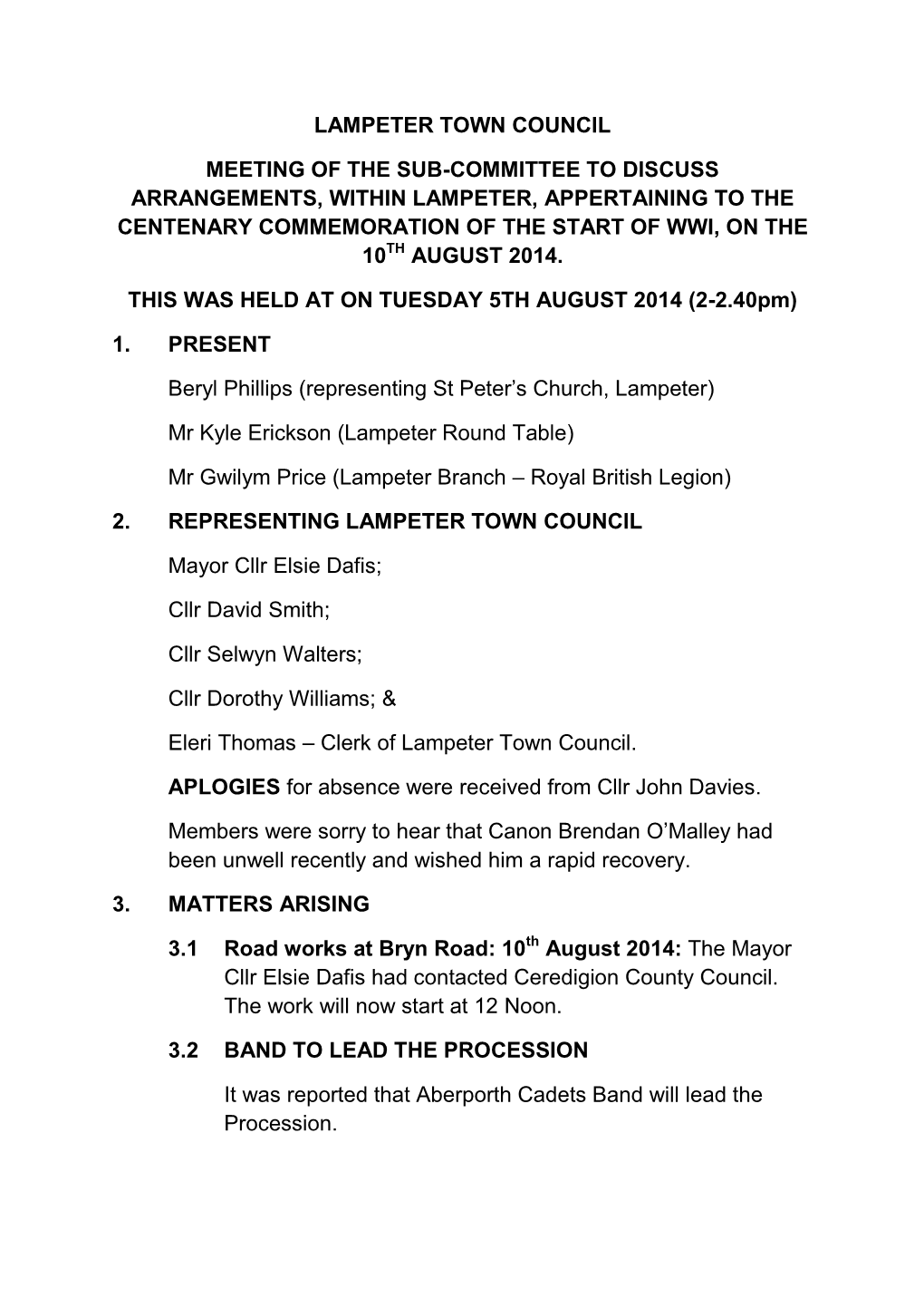 Lampeter Town Council Meeting of the Sub