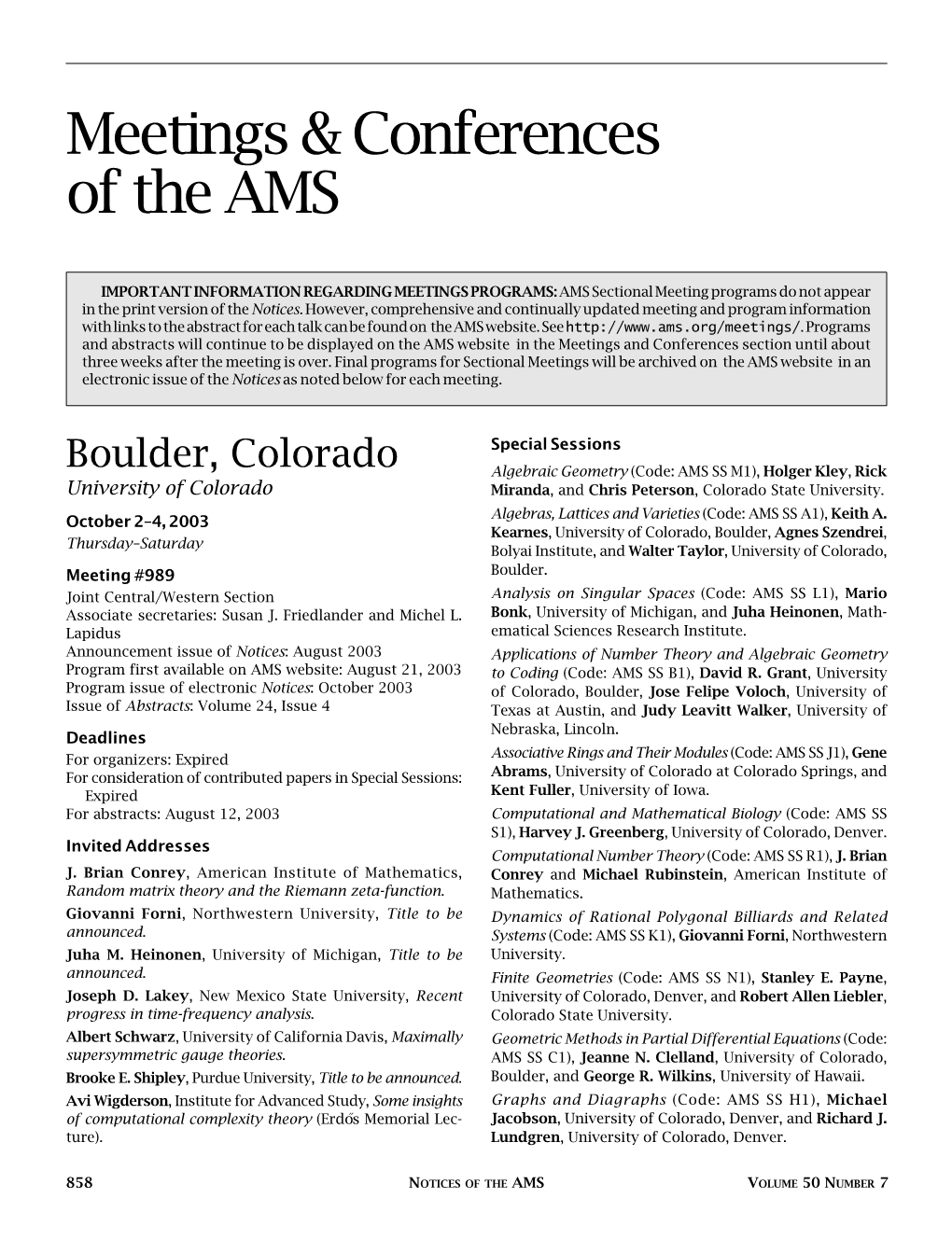 Meetings & Conferences of the AMS, Volume 50, Number 7