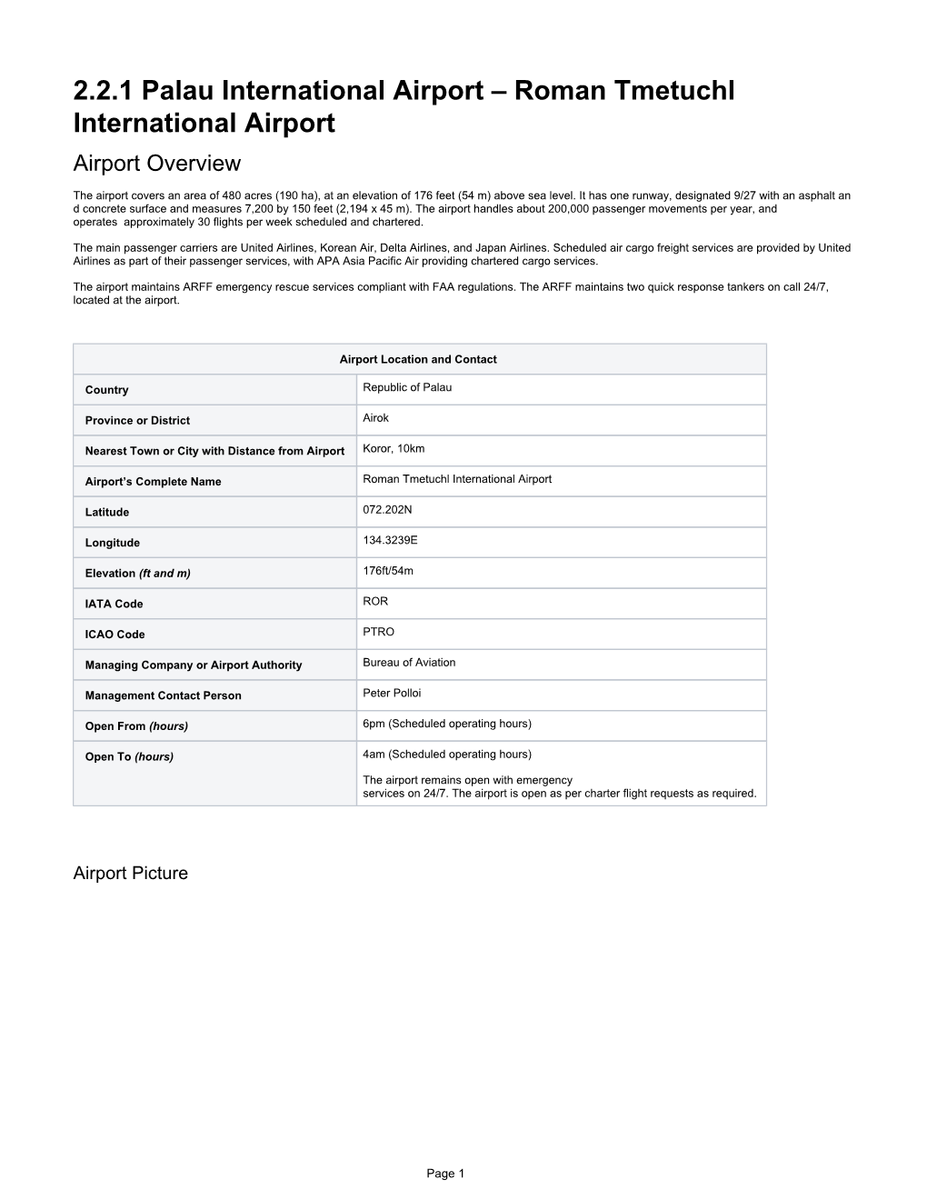 2.2.1 Palau International Airport – Roman Tmetuchl International Airport Airport Overview
