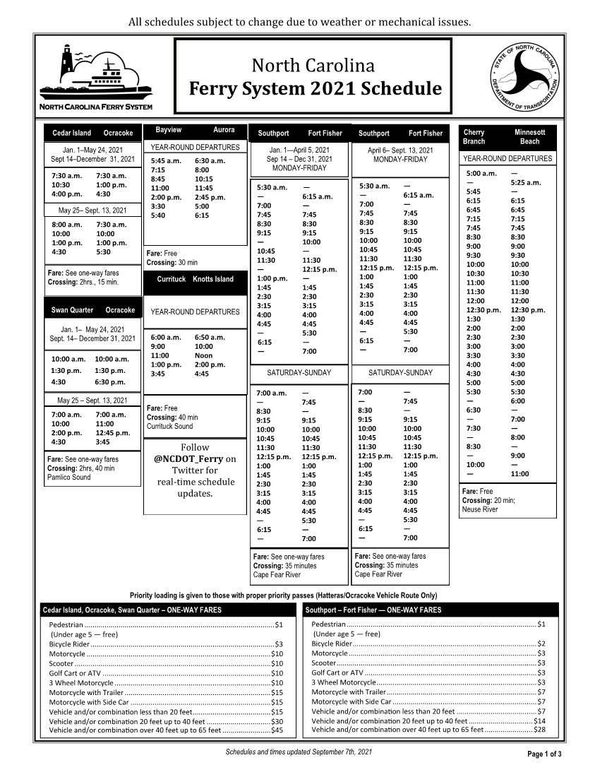 North Carolina Ferry System 2021 Schedule