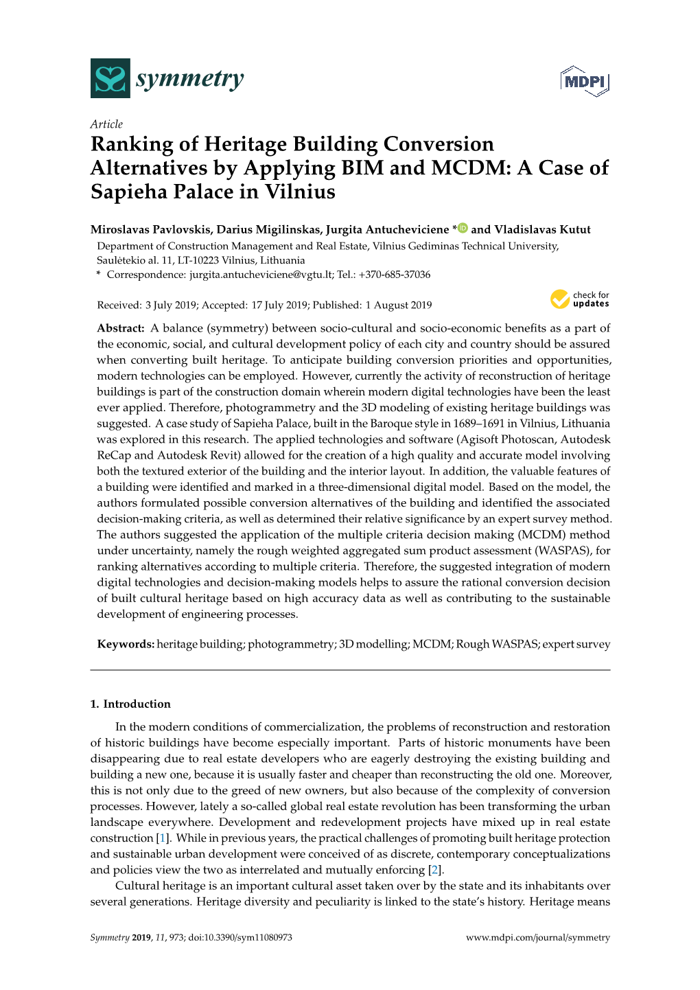 Ranking of Heritage Building Conversion Alternatives by Applying BIM and MCDM: a Case of Sapieha Palace in Vilnius