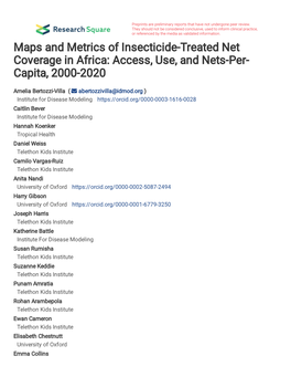 Maps and Metrics of Insecticide-Treated Net Coverage in Africa: Access, Use, and Nets-Per- Capita, 2000-2020