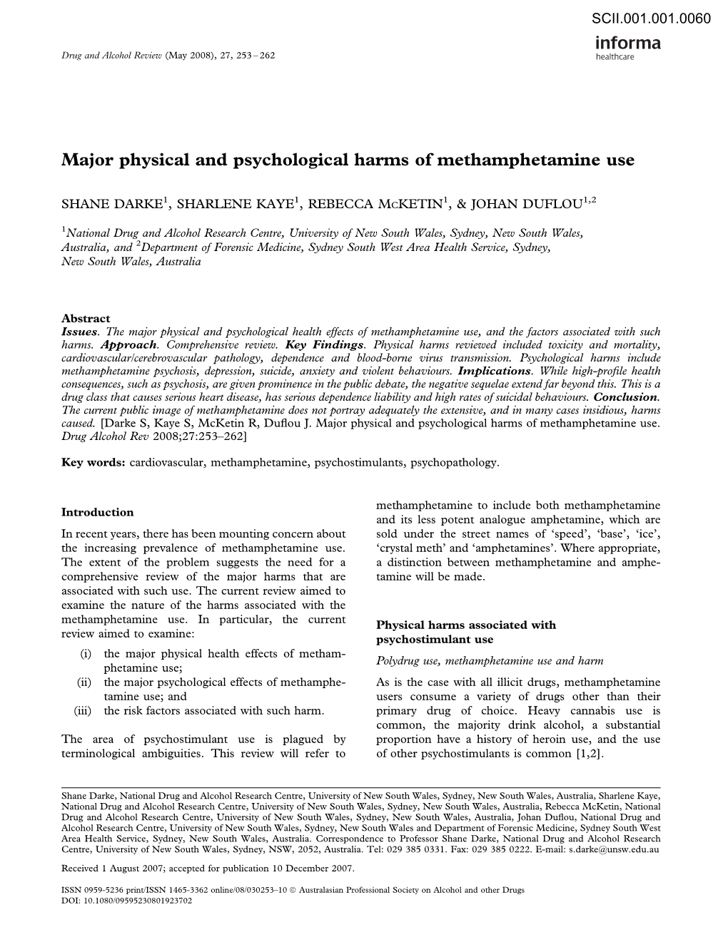 Major Physical and Psychological Harms of Methamphetamine Use