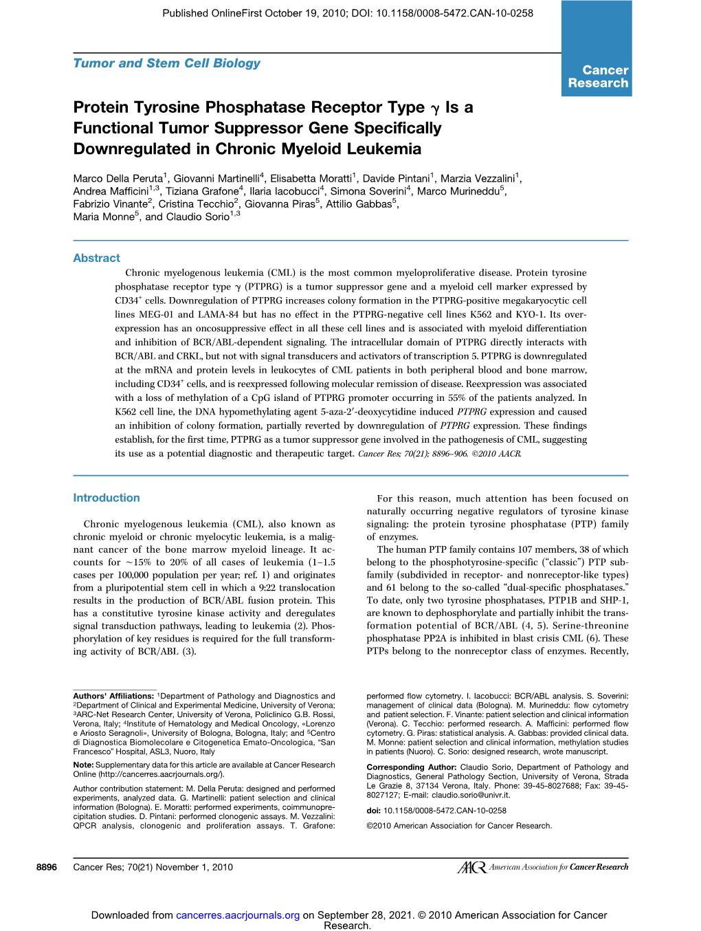 Protein Tyrosine Phosphatase Receptor Type Γ Is a Functional Tumor Suppressor Gene Specifically Downregulated in Chronic Myeloid Leukemia