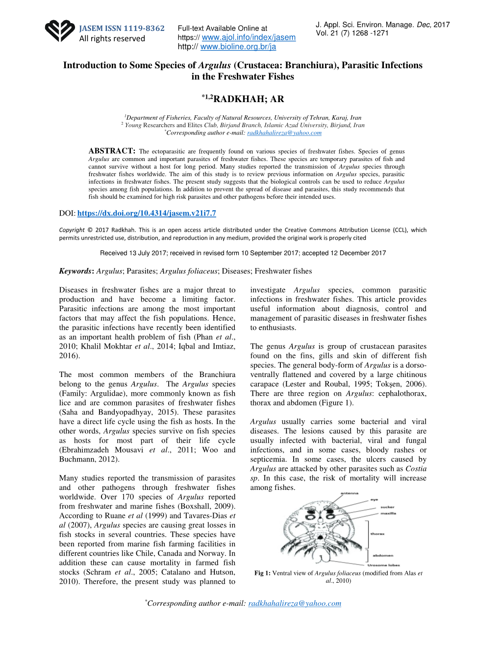 Introduction to Some Species of Argulus (Crustacea: Branchiura), Parasitic Infections in the Freshwater Fishes