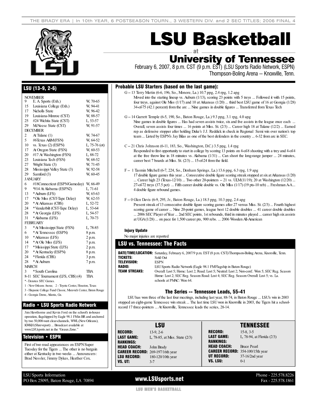 LSU Basketball at University of Tennessee February 6, 2007, 8 P.M