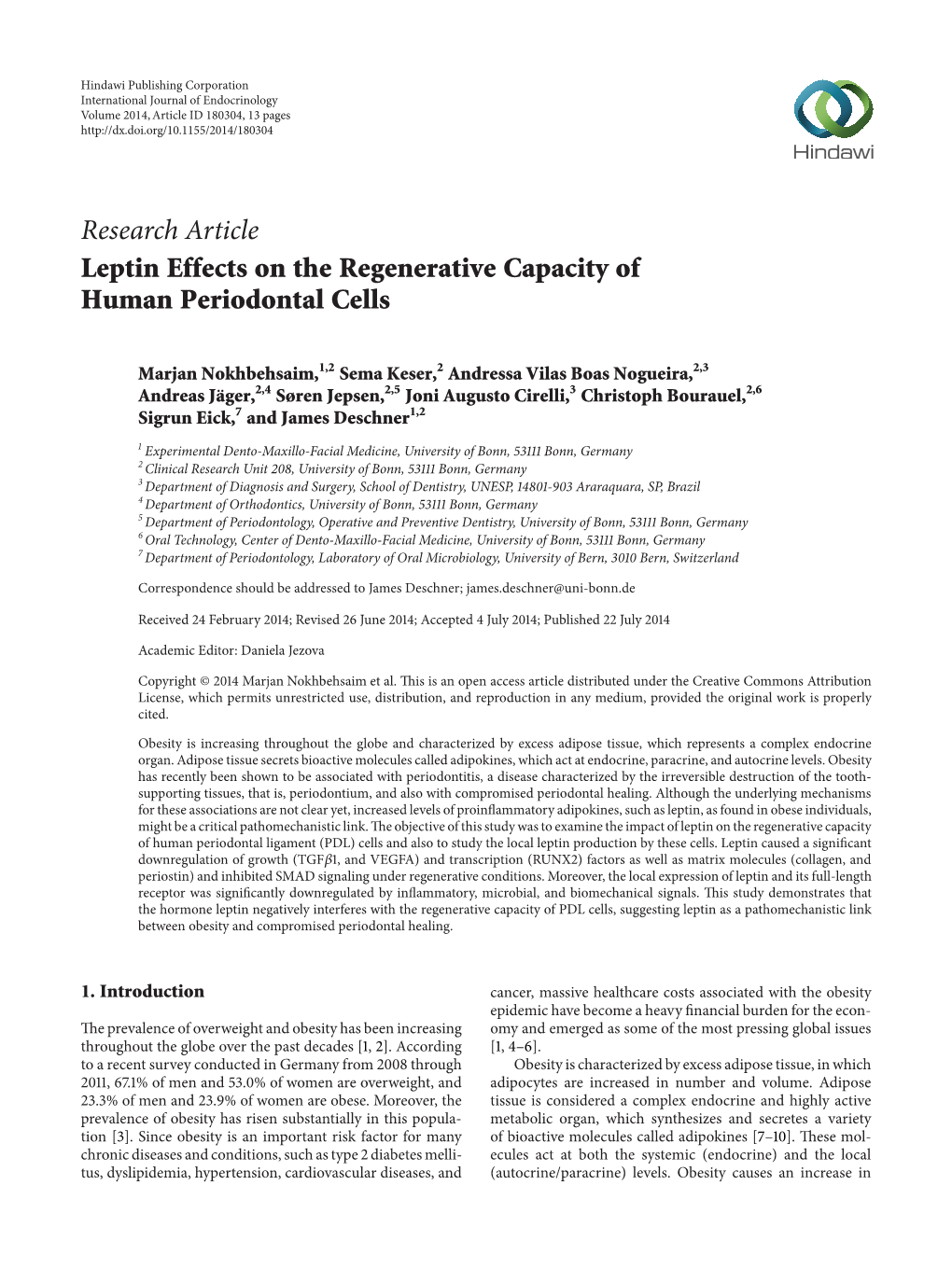 Research Article Leptin Effects on the Regenerative Capacity of Human Periodontal Cells