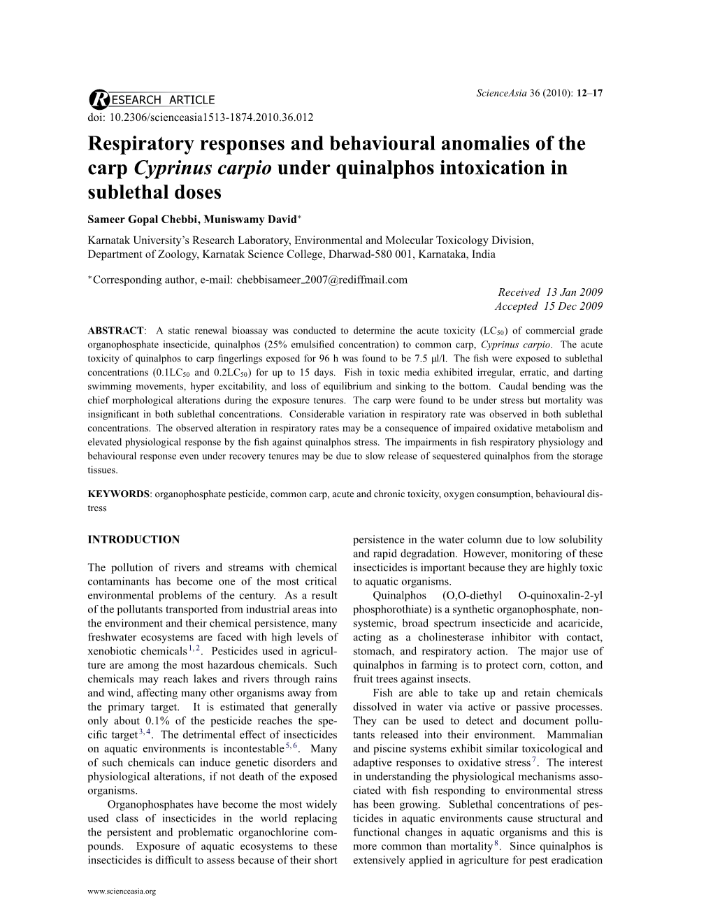 Respiratory Responses and Behavioural Anomalies of the Carp