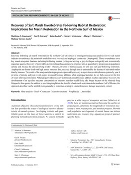 Recovery of Salt Marsh Invertebrates Following Habitat Restoration: Implications for Marsh Restoration in the Northern Gulf of Mexico