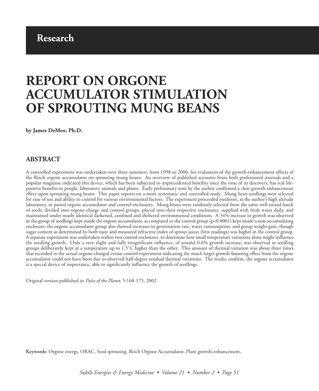 REPORT on ORGONE ACCUMULATOR STIMULATION of SPROUTING MUNG BEANS by James Demeo, Ph.D