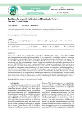 Tea (Camellia Sinensis) Cultivation and Breeding in Turkey: Pas‌T and Present Status