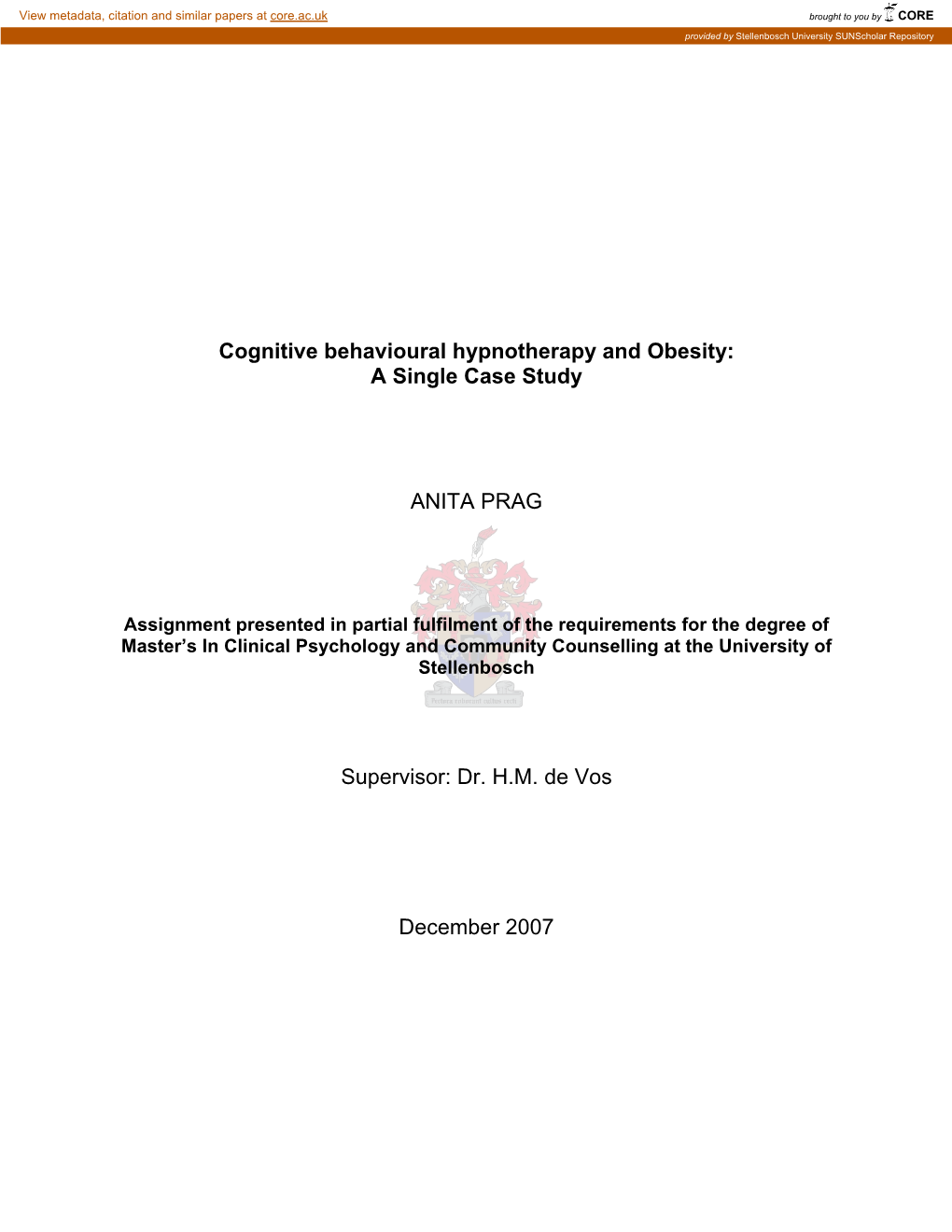 Cognitive Behavioural Hypnotherapy and Obesity: a Single Case Study