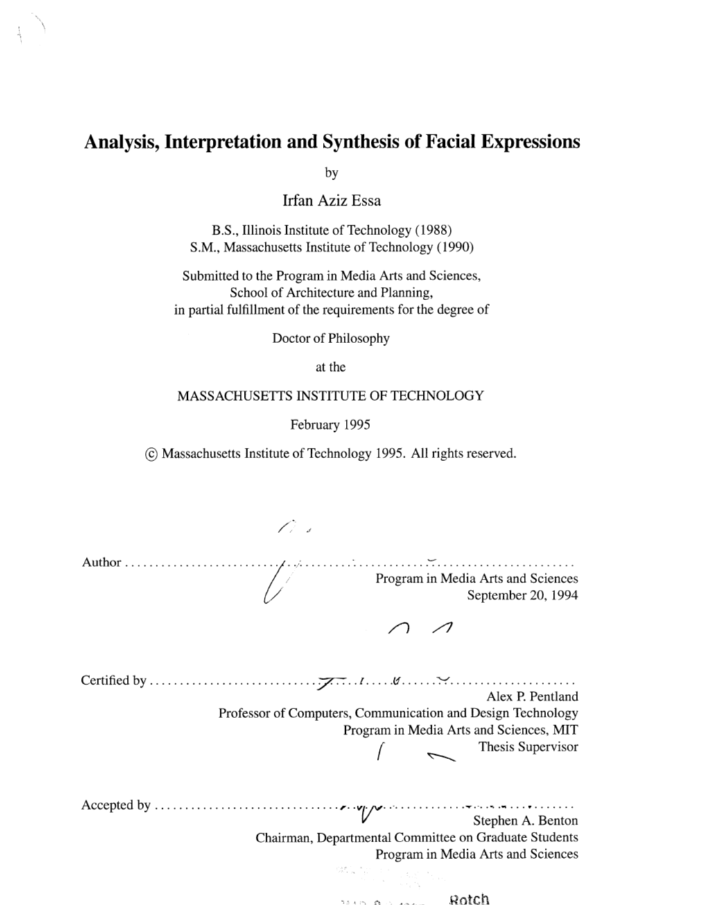 Analysis, Interpretation and Synthesis of Facial Expressions by Irfan Aziz Essa