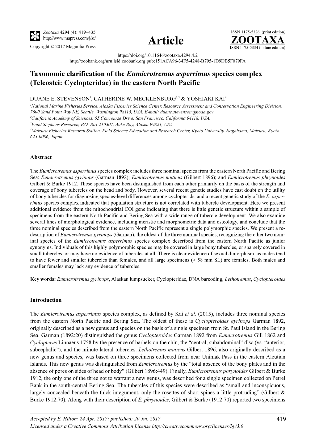 Taxonomic Clarification of the Eumicrotremus Asperrimus Species Complex (Teleostei: Cyclopteridae) in the Eastern North Pacific