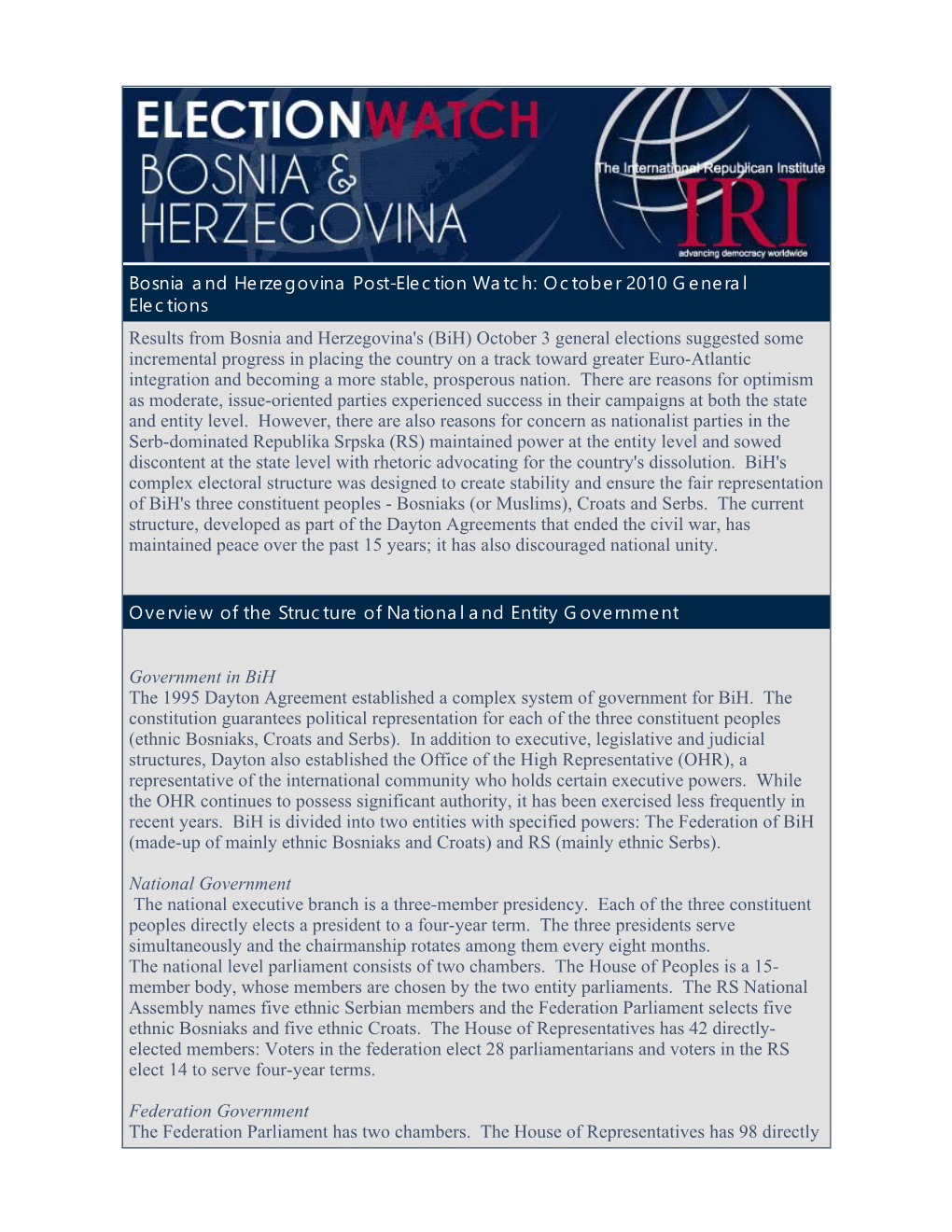 Bosnia and Herzegovina Post-Election Watch: October 2010