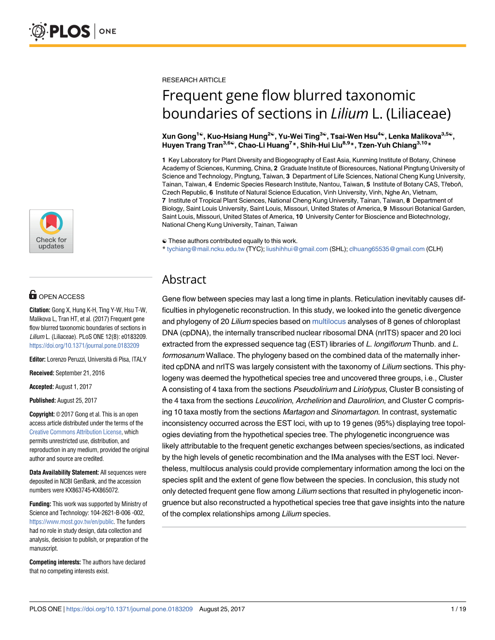 Frequent Gene Flow Blurred Taxonomic Boundaries of Sections in Lilium L. (Liliaceae)