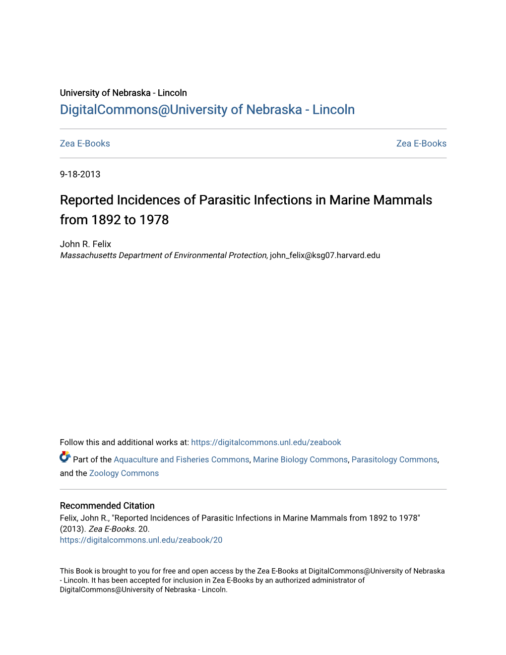 Reported Incidences of Parasitic Infections in Marine Mammals from 1892 to 1978