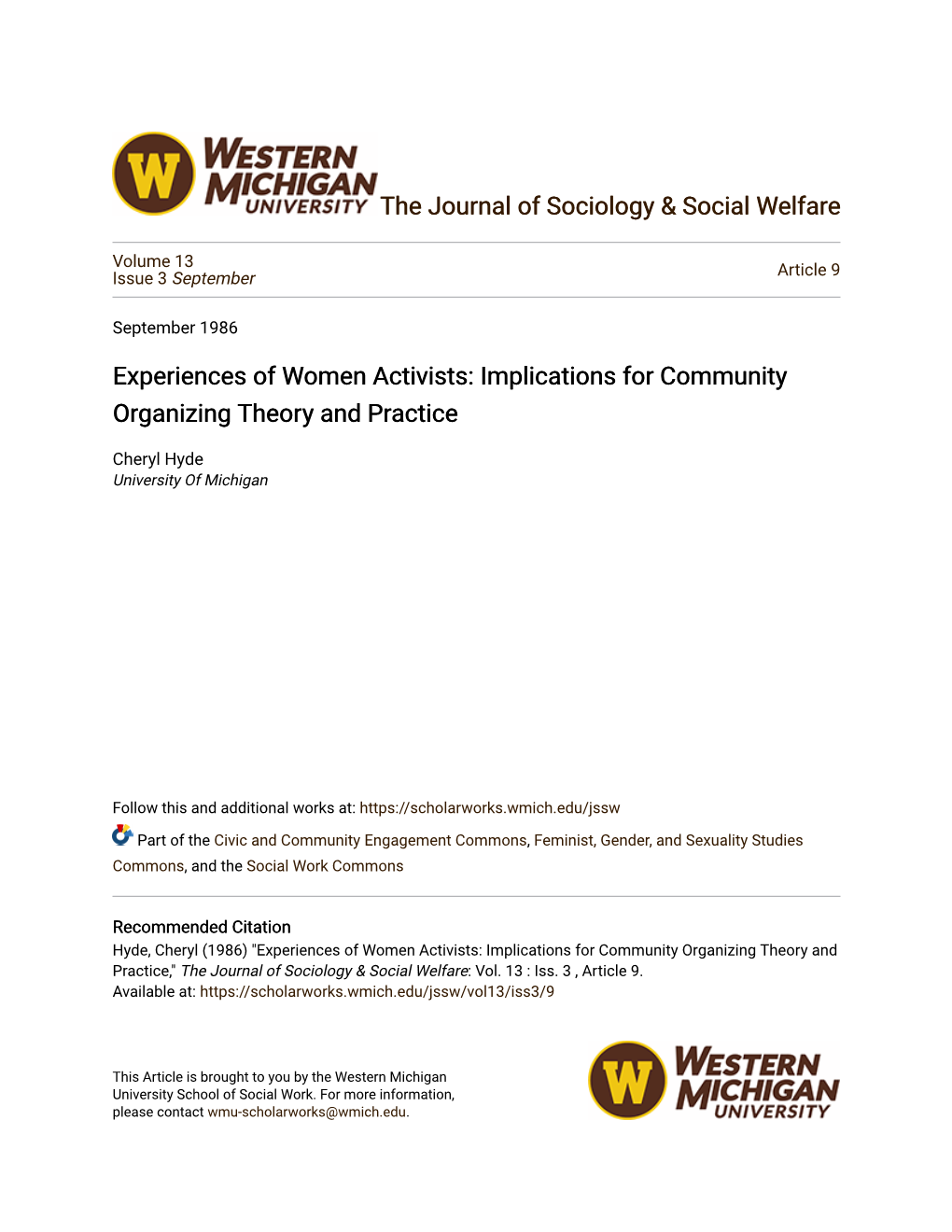 Experiences of Women Activists: Implications for Community Organizing Theory and Practice