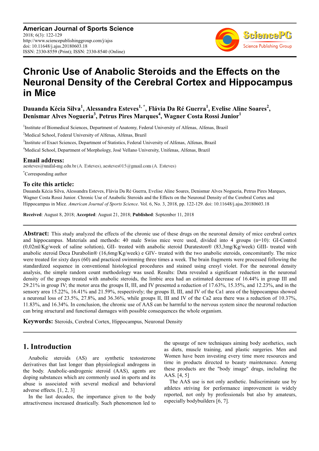 Chronic Use of Anabolic Steroids and the Effects on the Neuronal Density of the Cerebral Cortex and Hippocampus in Mice