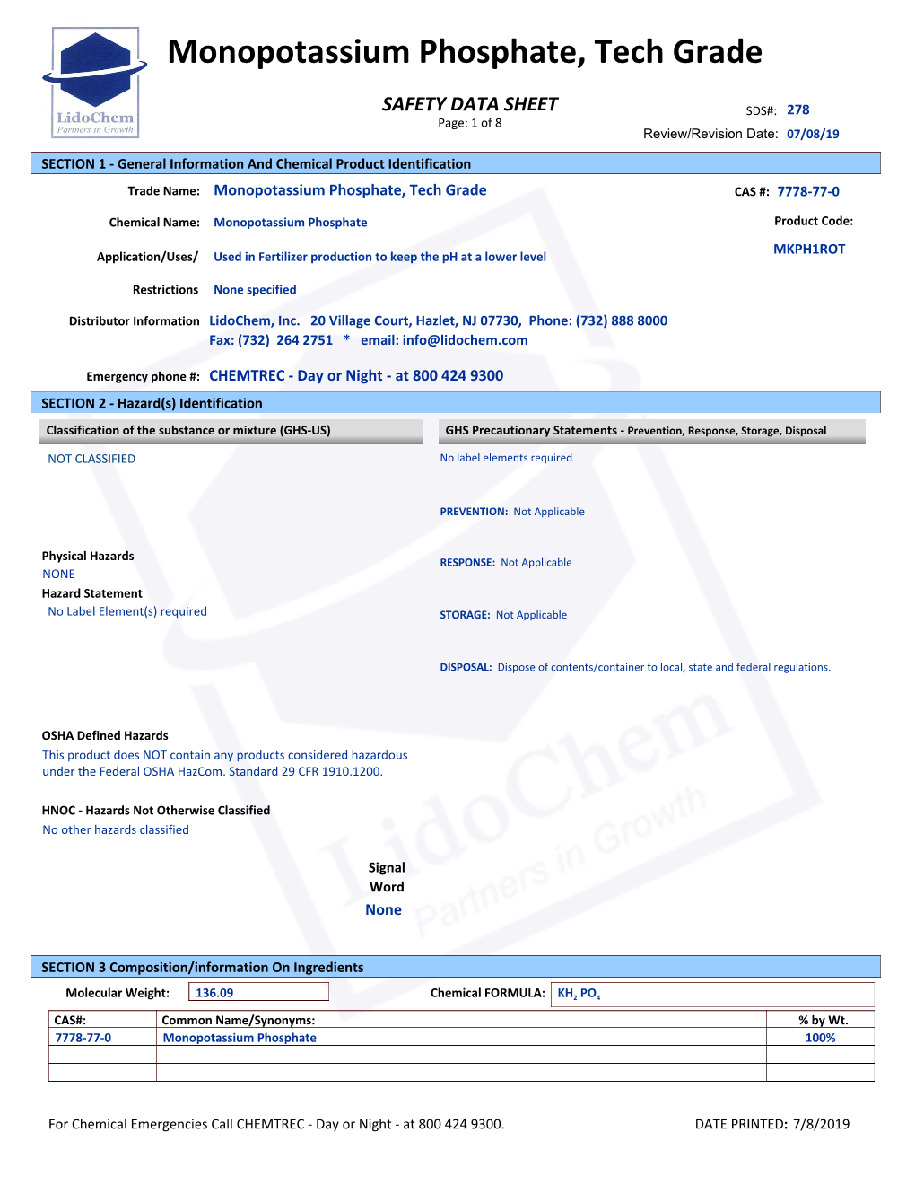 Monopotassium Phosphate, Tech Grade