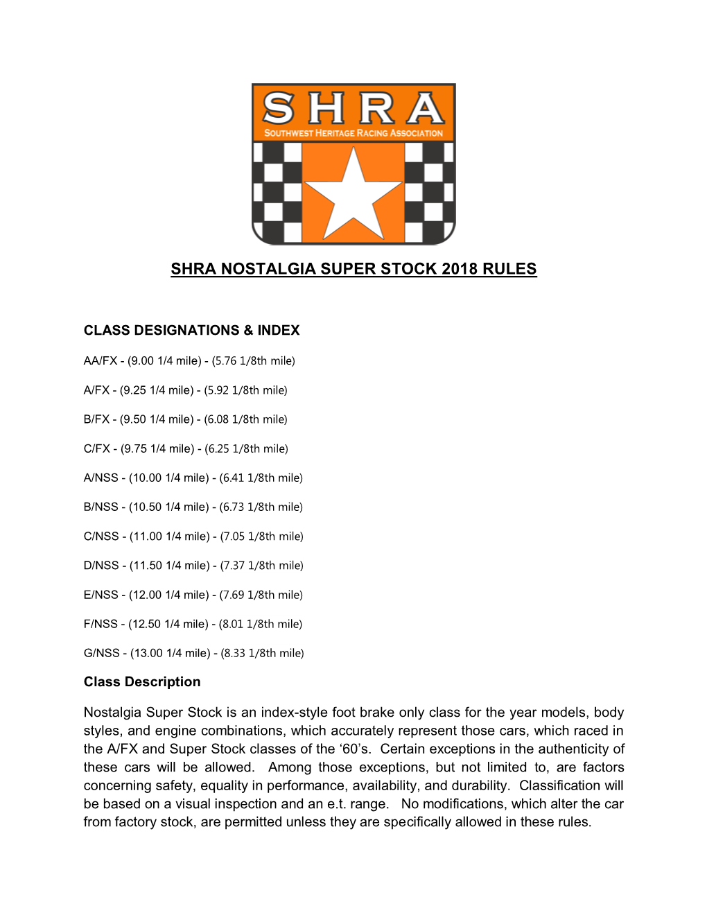 Shra Nostalgia Super Stock 2018 Rules