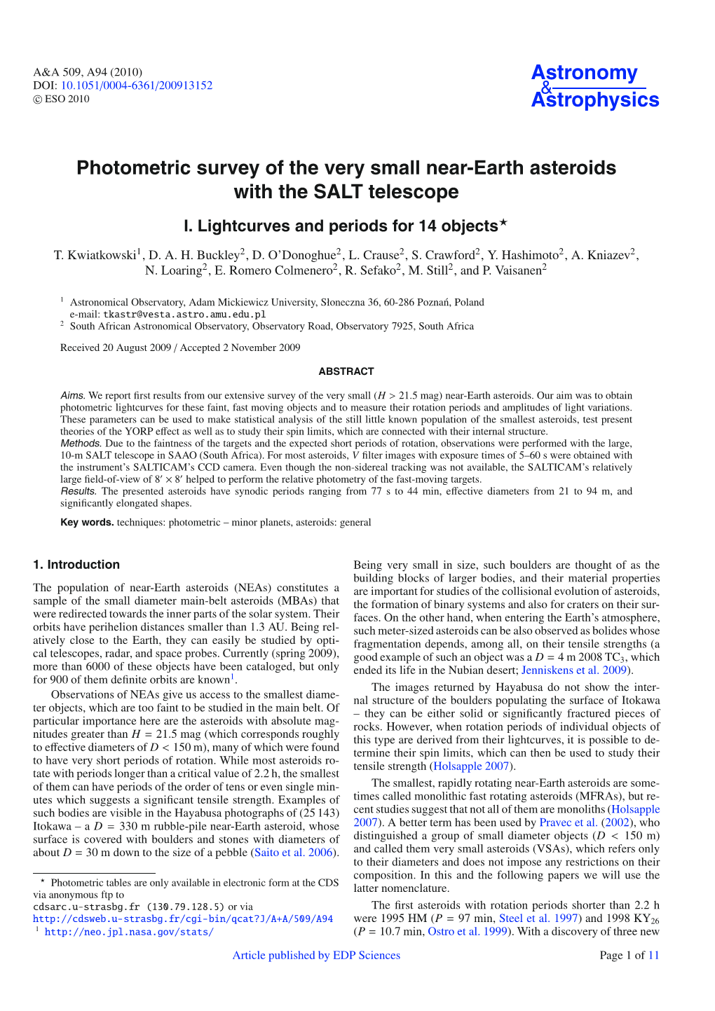 Photometric Survey of the Very Small Near-Earth Asteroids with the SALT Telescope I