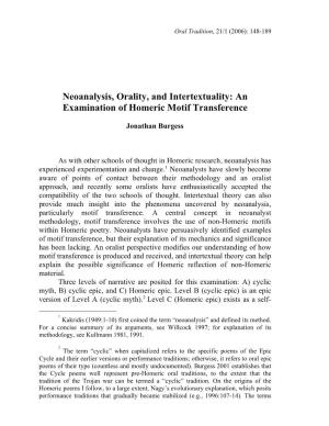Neoanalysis, Orality, and Intertextuality: an Examination of Homeric Motif Transference