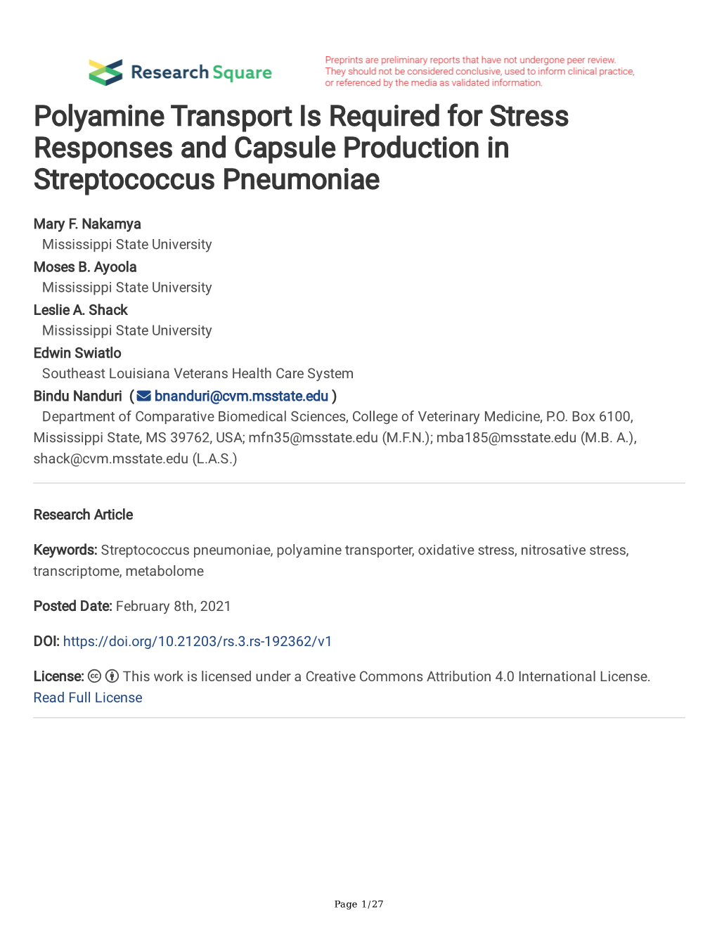 Polyamine Transport Is Required for Stress Responses and Capsule Production in Streptococcus Pneumoniae