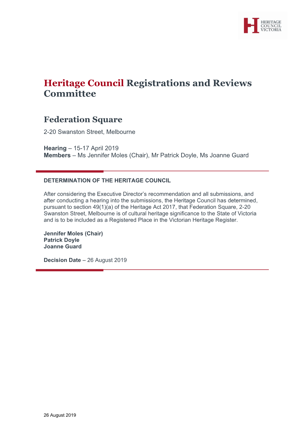 Determination of the Heritage Council