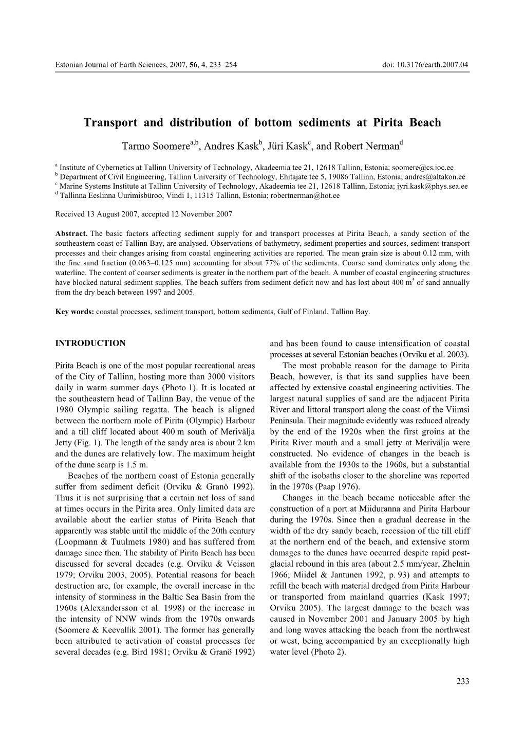 Transport and Distribution of Bottom Sediments at Pirita Beach