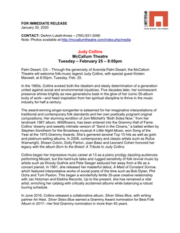 Judy Collins Mccallum Theatre Tuesday – February 25 – 8:00Pm