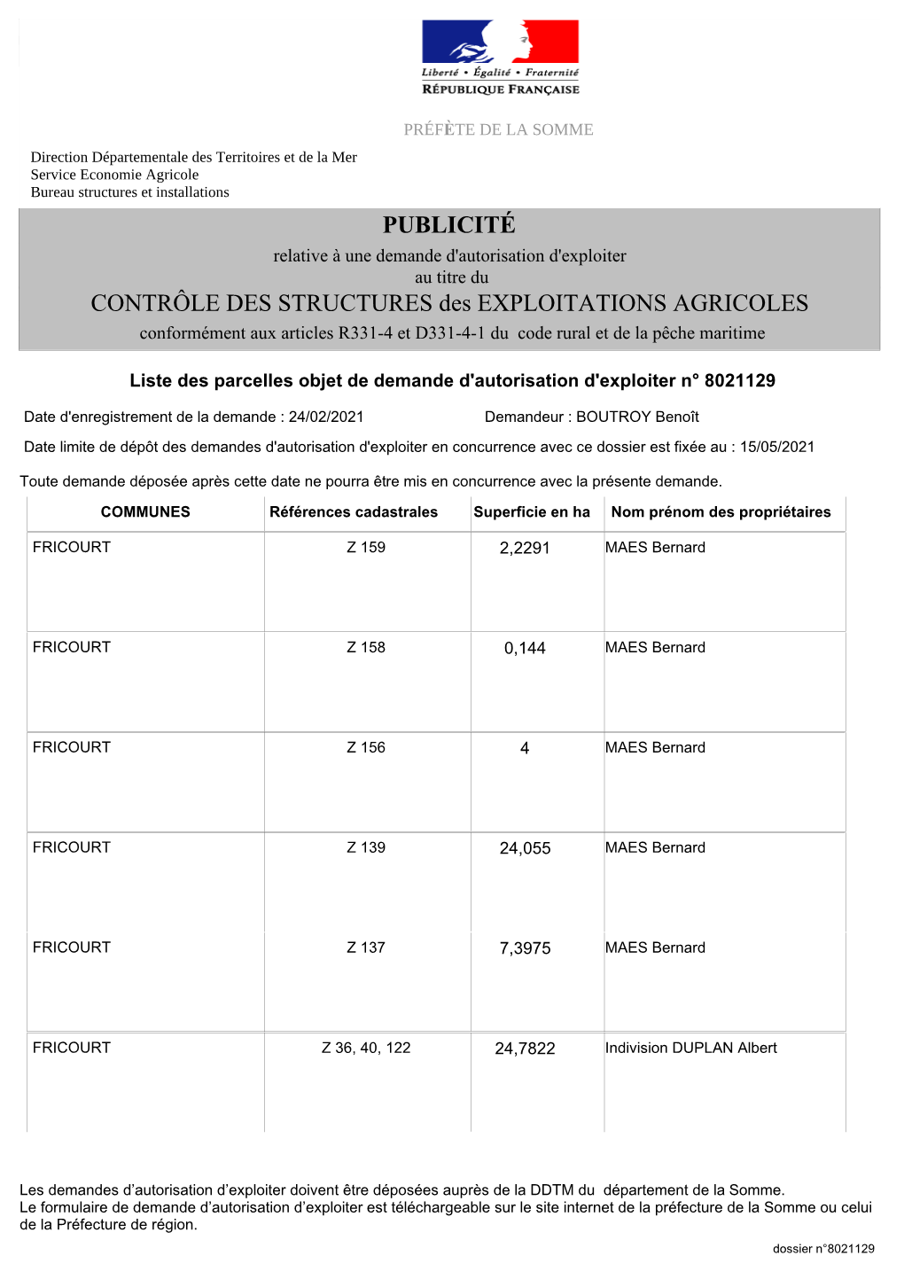 PUBLICITÉ CONTRÔLE DES STRUCTURES Des EXPLOITATIONS AGRICOLES