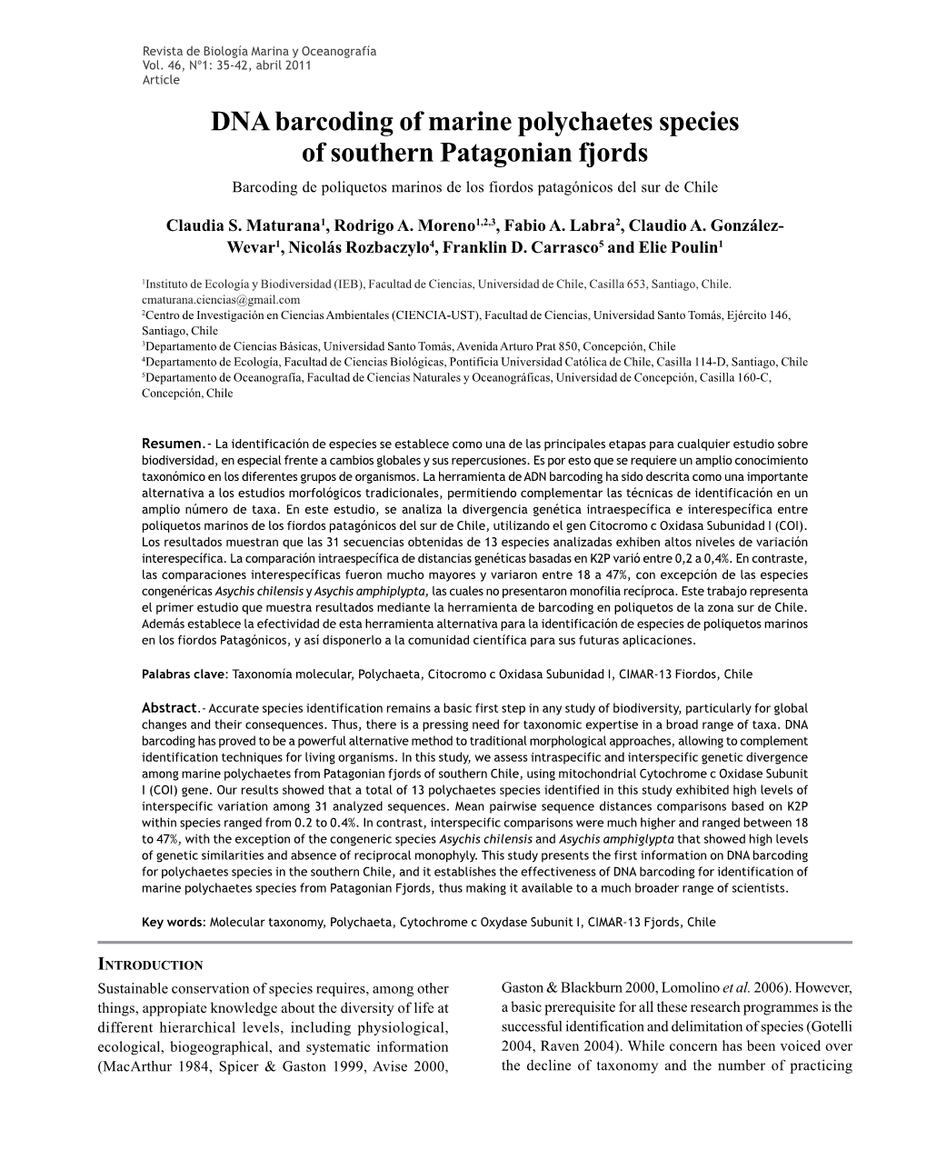 DNA Barcoding of Marine Polychaetes Species of Southern Patagonian Fjords Barcoding De Poliquetos Marinos De Los Fiordos Patagónicos Del Sur De Chile