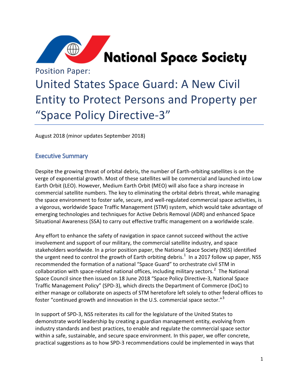 United States Space Guard: a New Civil Entity to Protect Persons and Property Per “Space Policy Directive-3”