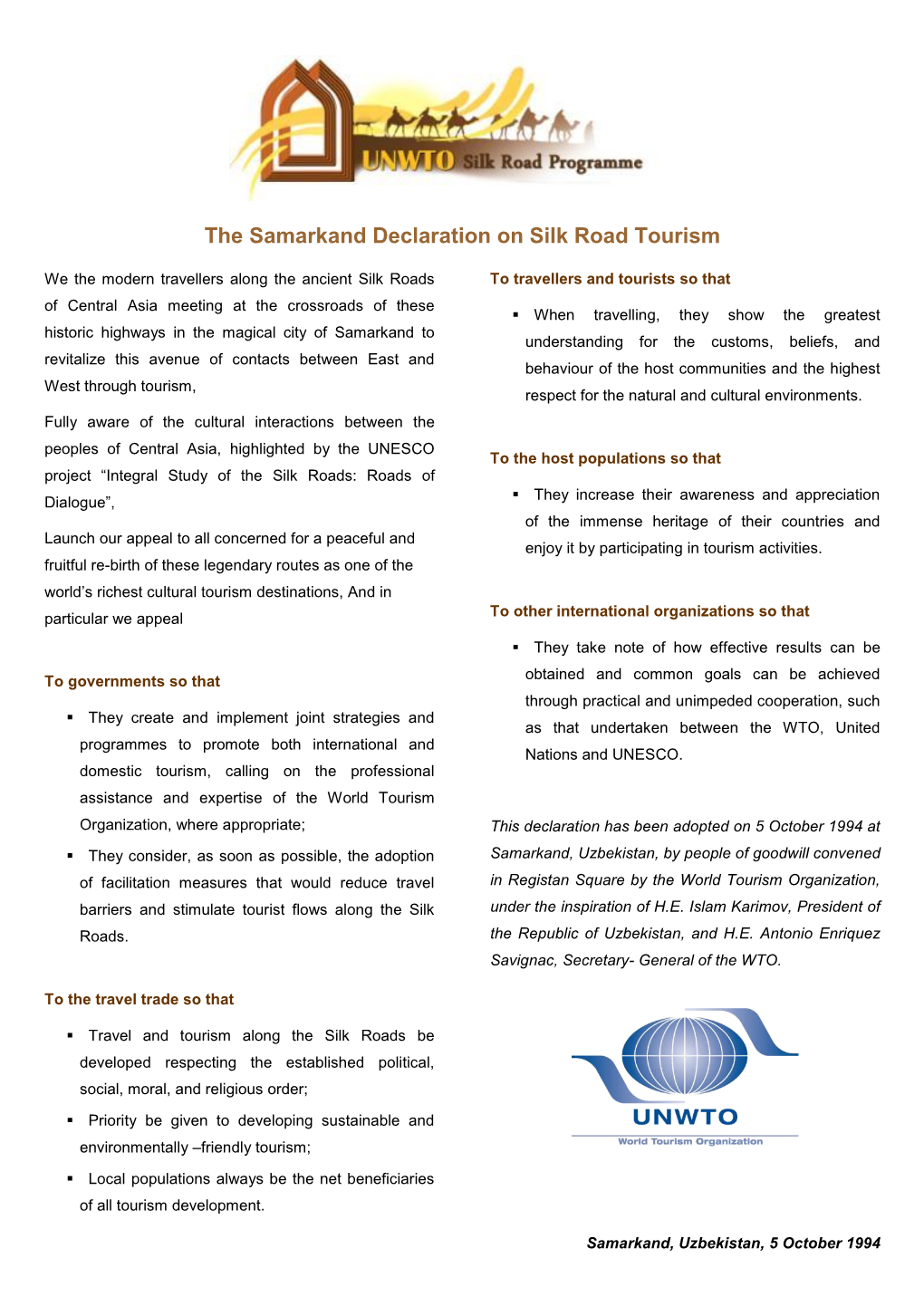 The Samarkand Declaration on Silk Road Tourism