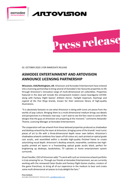 Asmodee Entertainment and Artovision Announce Licensing Partnership