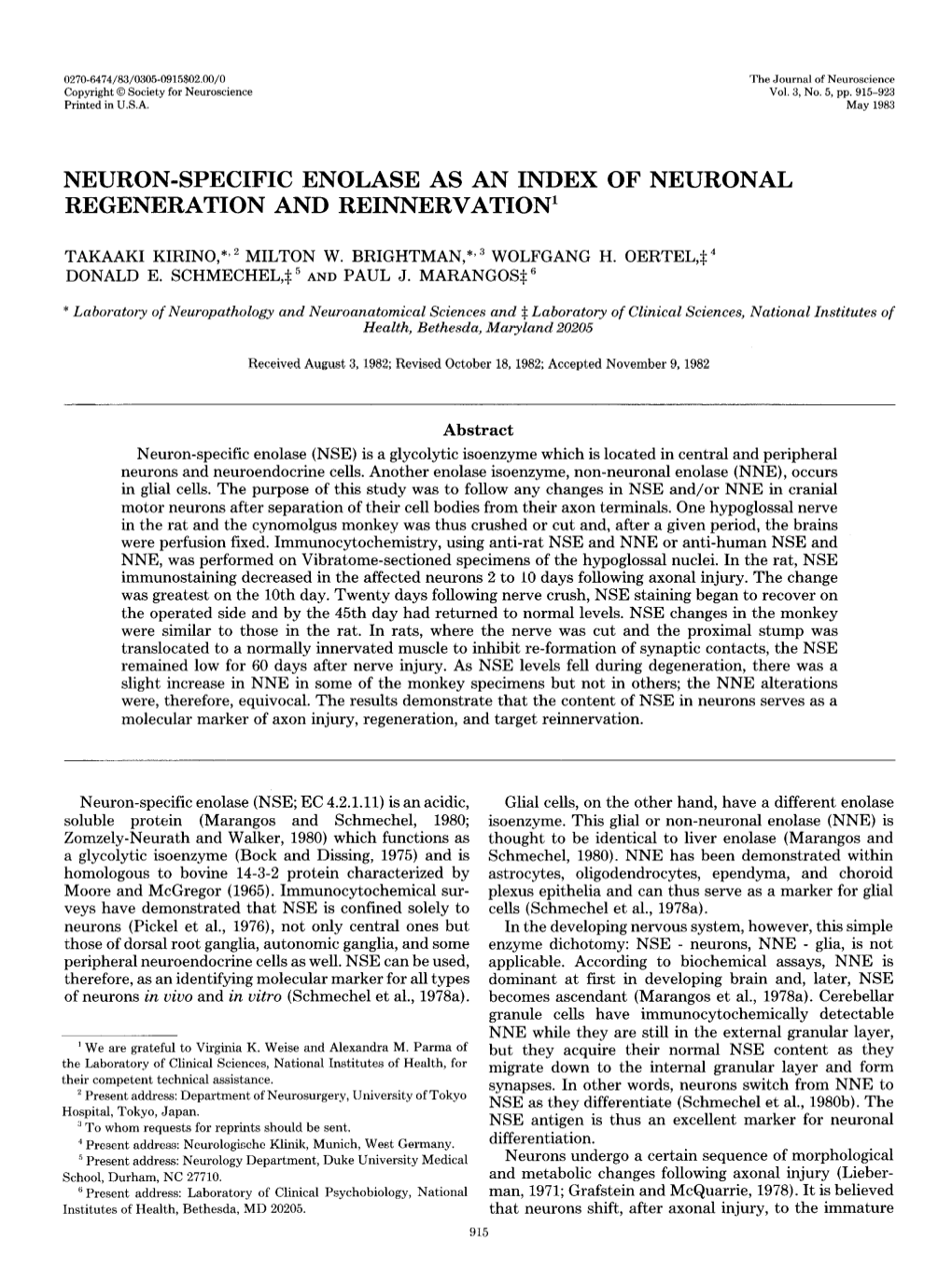 Neuron-Specific Enolase As an Index of Neuronal Regeneration and Reinnervation’