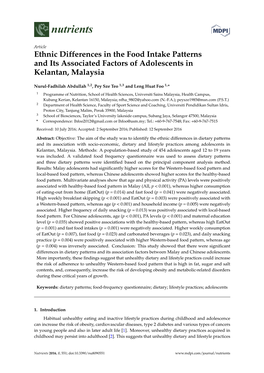 Ethnic Differences in the Food Intake Patterns and Its Associated Factors of Adolescents in Kelantan, Malaysia