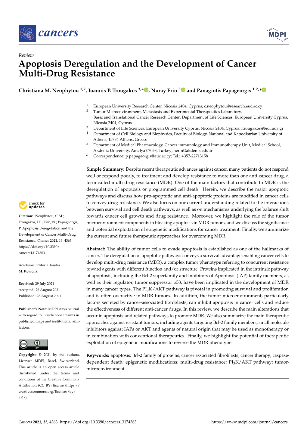 Apoptosis Deregulation and the Development of Cancer Multi-Drug Resistance