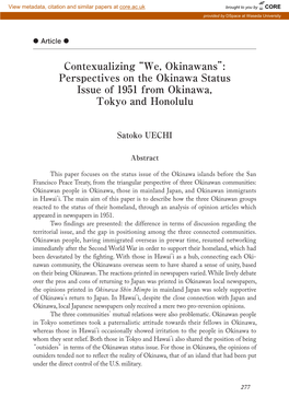 We, Okinawans”: Perspectives on the Okinawa Status Issue of 1951 from Okinawa, Tokyo and Honolulu