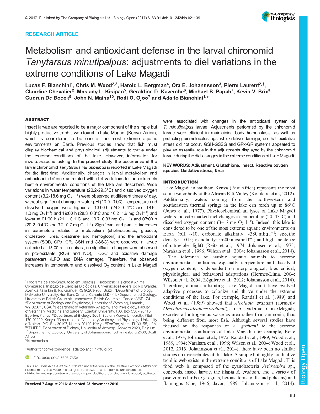 Metabolism and Antioxidant Defense in the Larval Chironomid Tanytarsus Minutipalpus: Adjustments to Diel Variations in the Extreme Conditions of Lake Magadi Lucas F