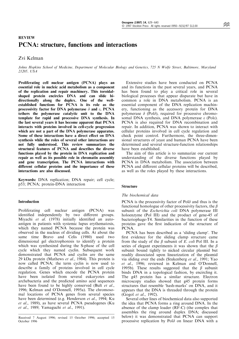 PCNA: Structure, Functions and Interactions